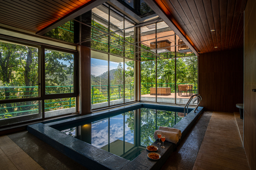 Blushing Pines Retreat | Stunning 3-BHK Hillside Villa with Attic, Indoor Pool & Outdoor lounge 