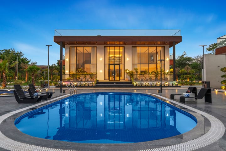 ASK Farms | Refined 4-BHK villa with Theatre Lounge, Pool & Fire BBQ Deck 