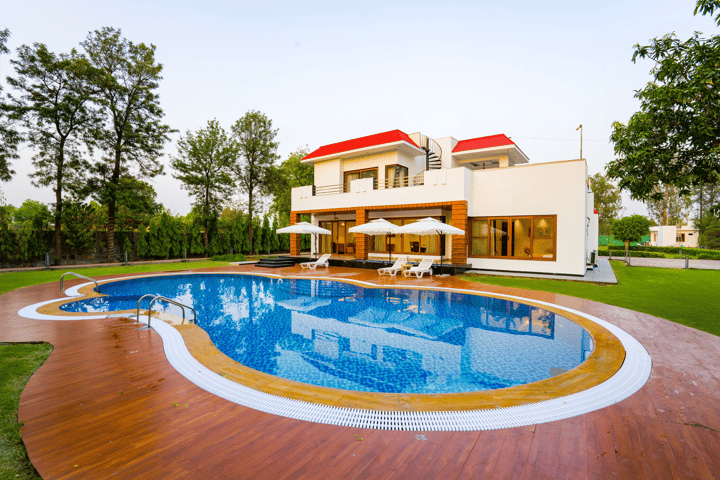 Sanisa Farm |  3-BHK Farmhouse With Private Pool, Game Zone & Lush Garden