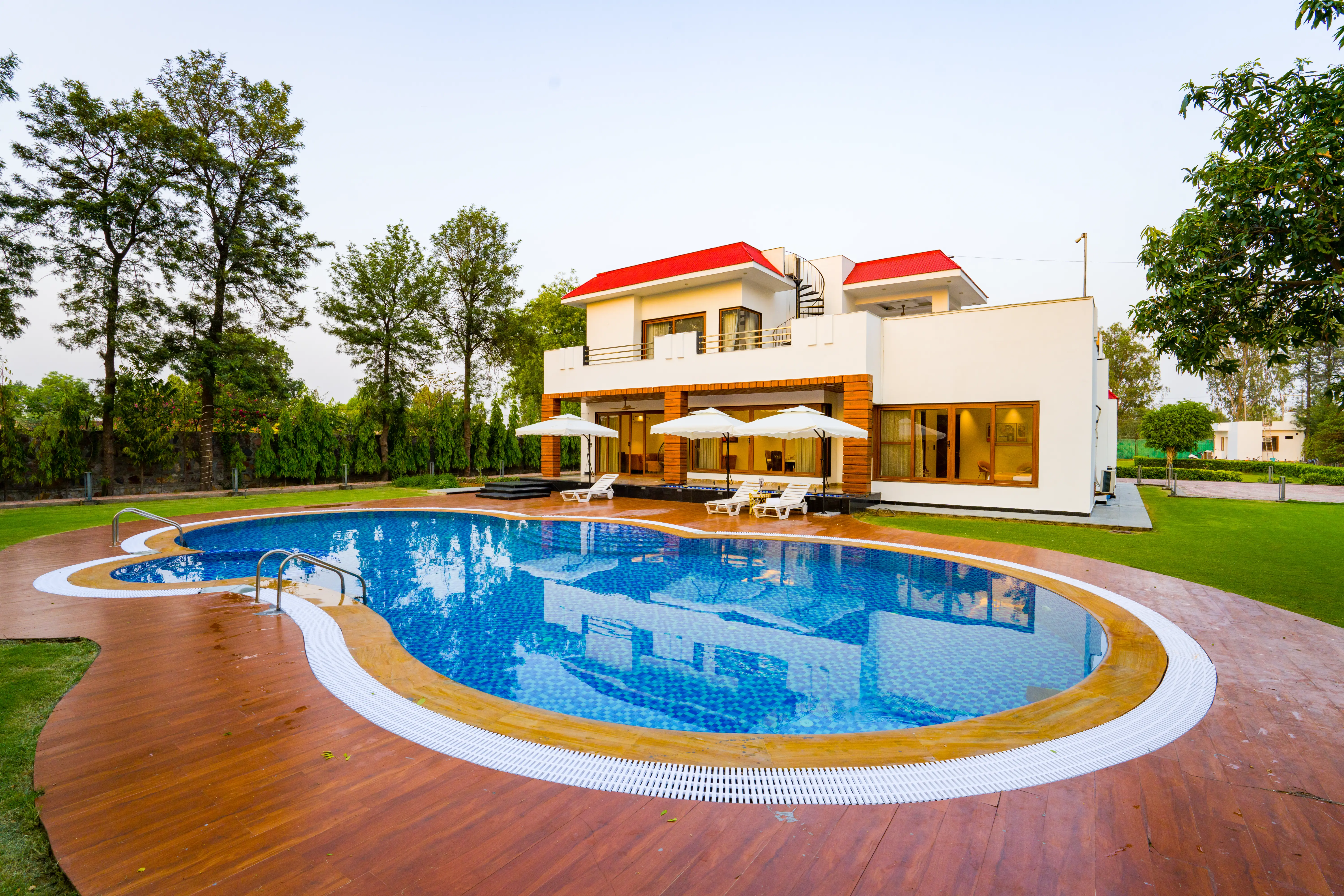 Sanisa Farm |  3-BHK Farmhouse With Private Pool, Game Zone & Lush Garden
