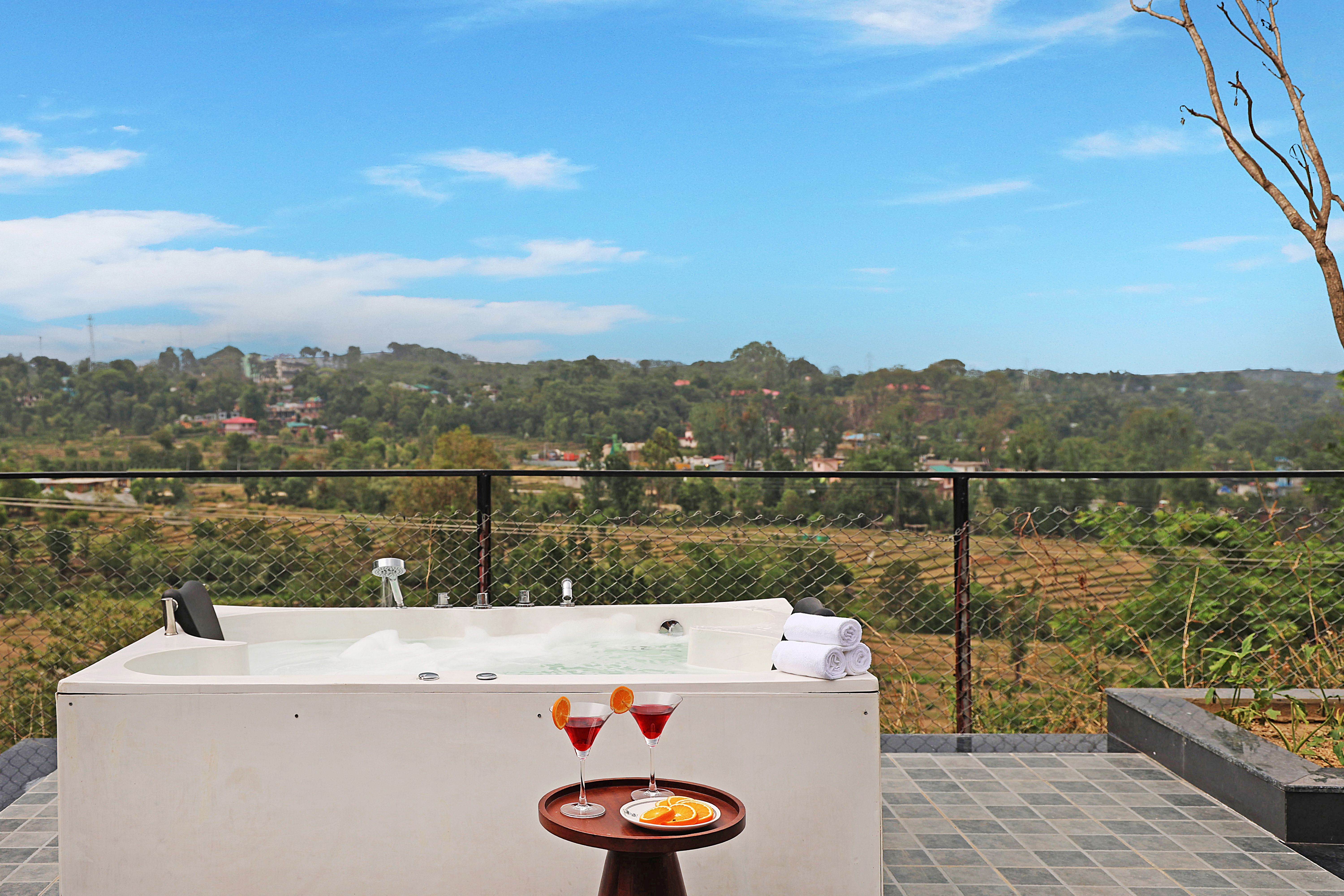 Esh Cottages Moss | Hilltop 2-BHK Retreat with Open-air Jacuzzi, Shared Garden, Pool & Cosy Lounge